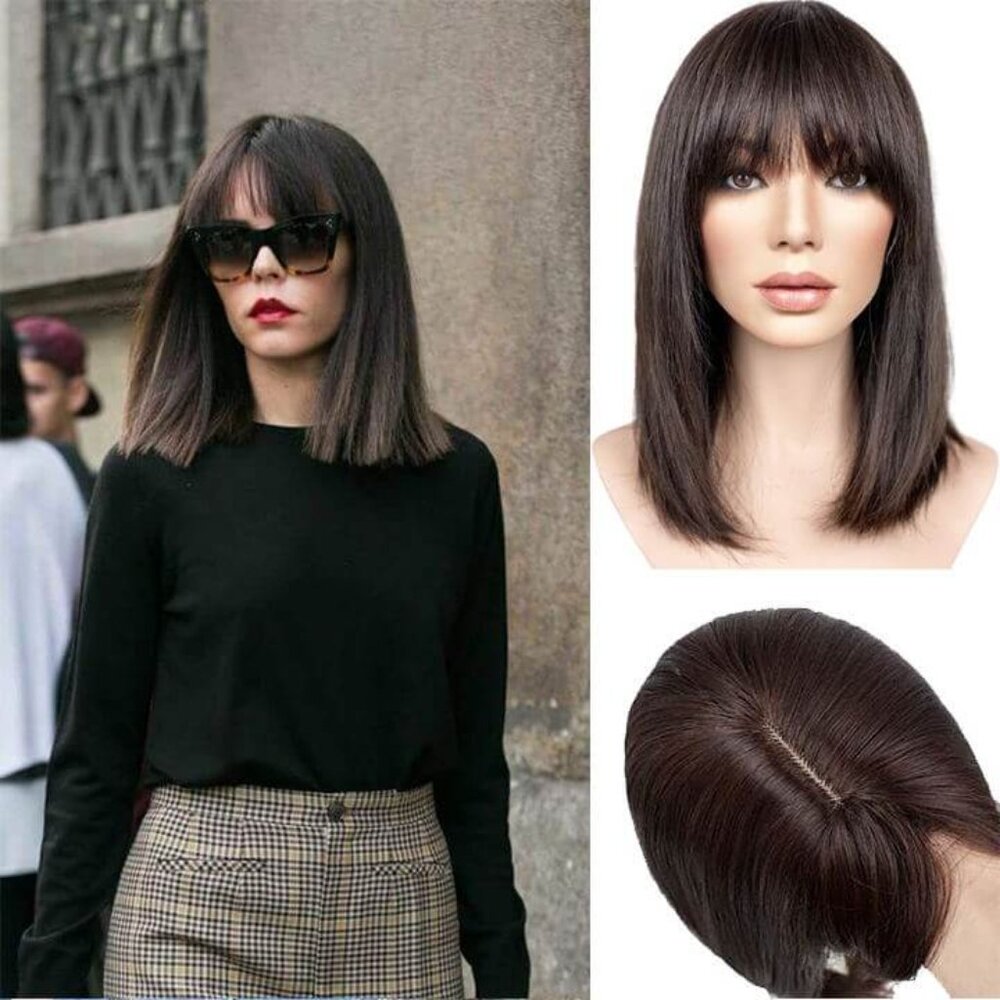Soft Smooth Natural Human Hair Topper With Bangs For Women Clip-in Hairpiece